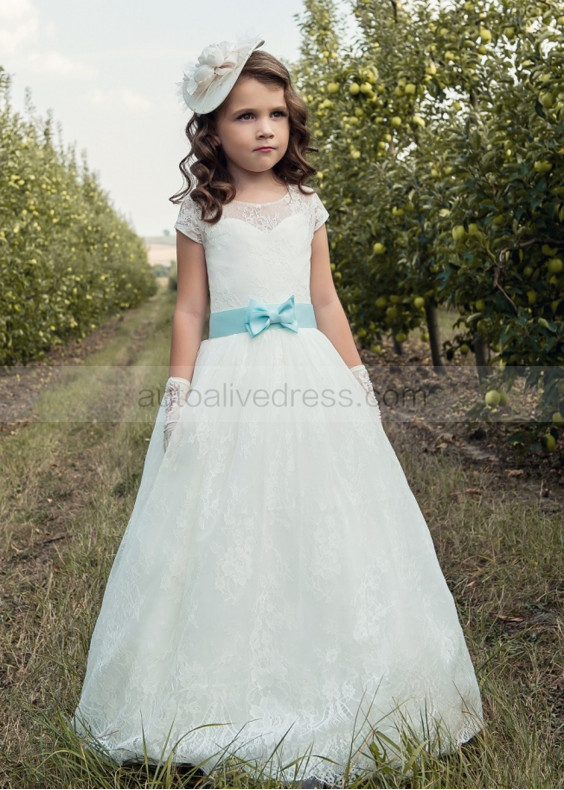 Cap Sleeves Ivory Lace Floor Length Flower Girl Dress Baptism Dress